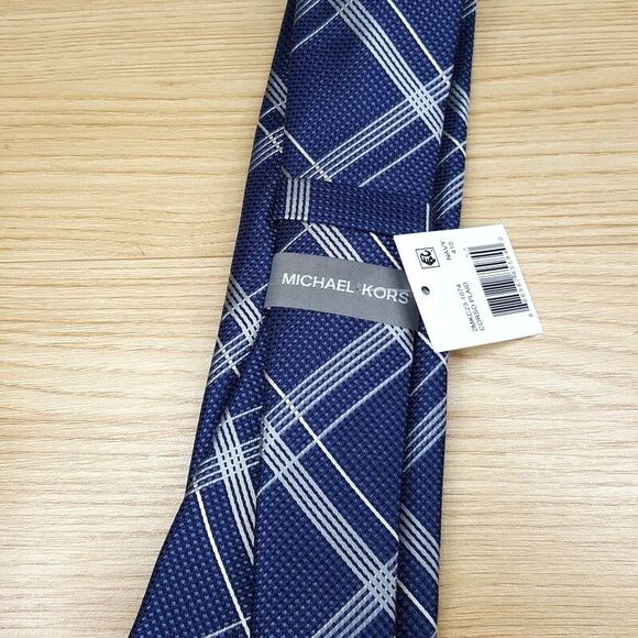 MICHAEL KORS Mens Neck Tie Blue Plaid Check Stripe Classic Silk Blend - Picture 3 of 5